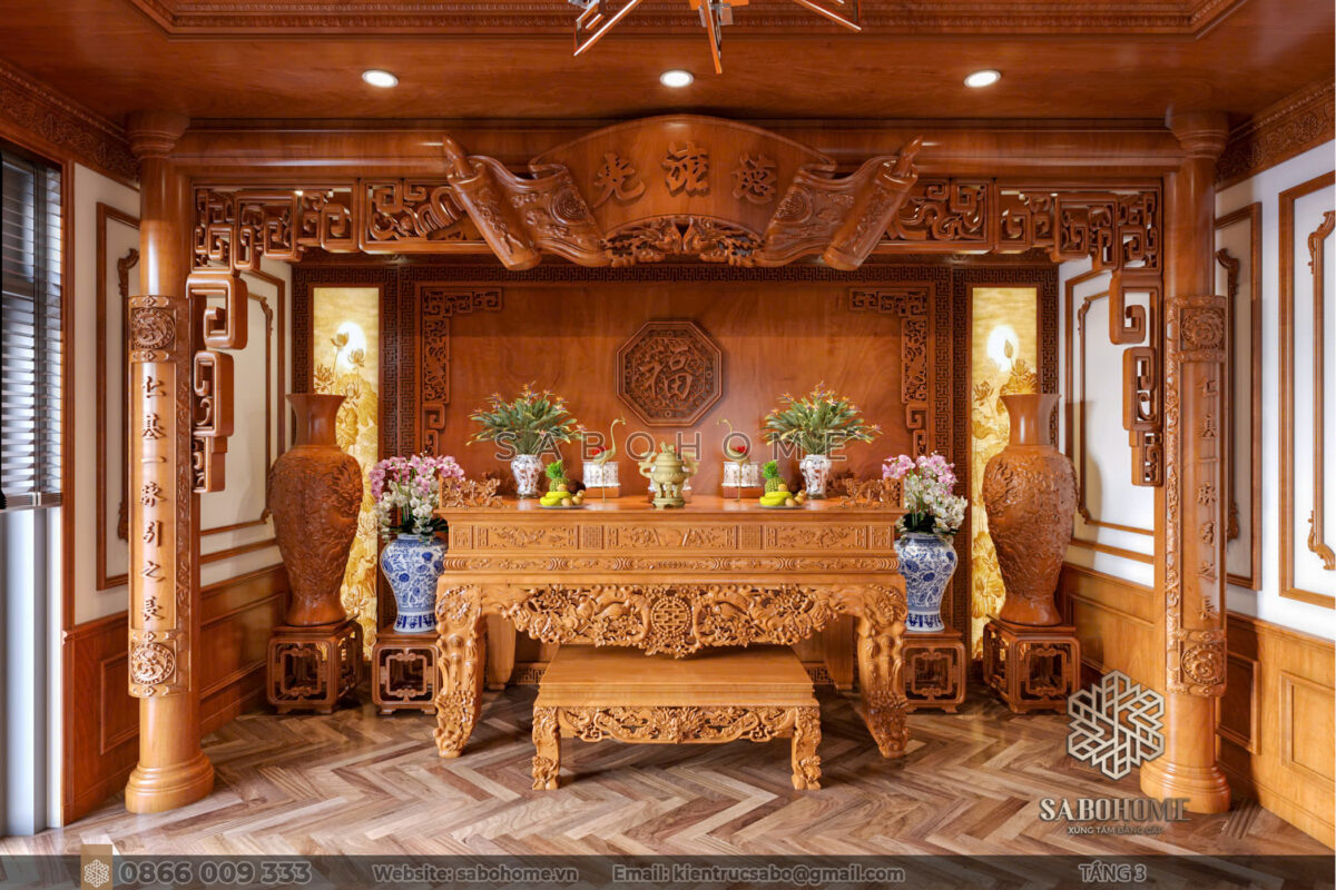 Không gian phòng thờ gỗ tự nhiên – Nơi gìn giữ giá trị truyền thống trong kiến trúc biệt thự